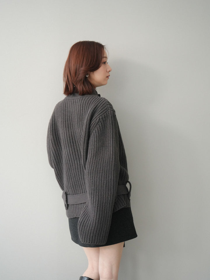 [SET]畦編みボトルネックZIPニットカーディガン+ウールタッチベルト付ミニスカート(2set)