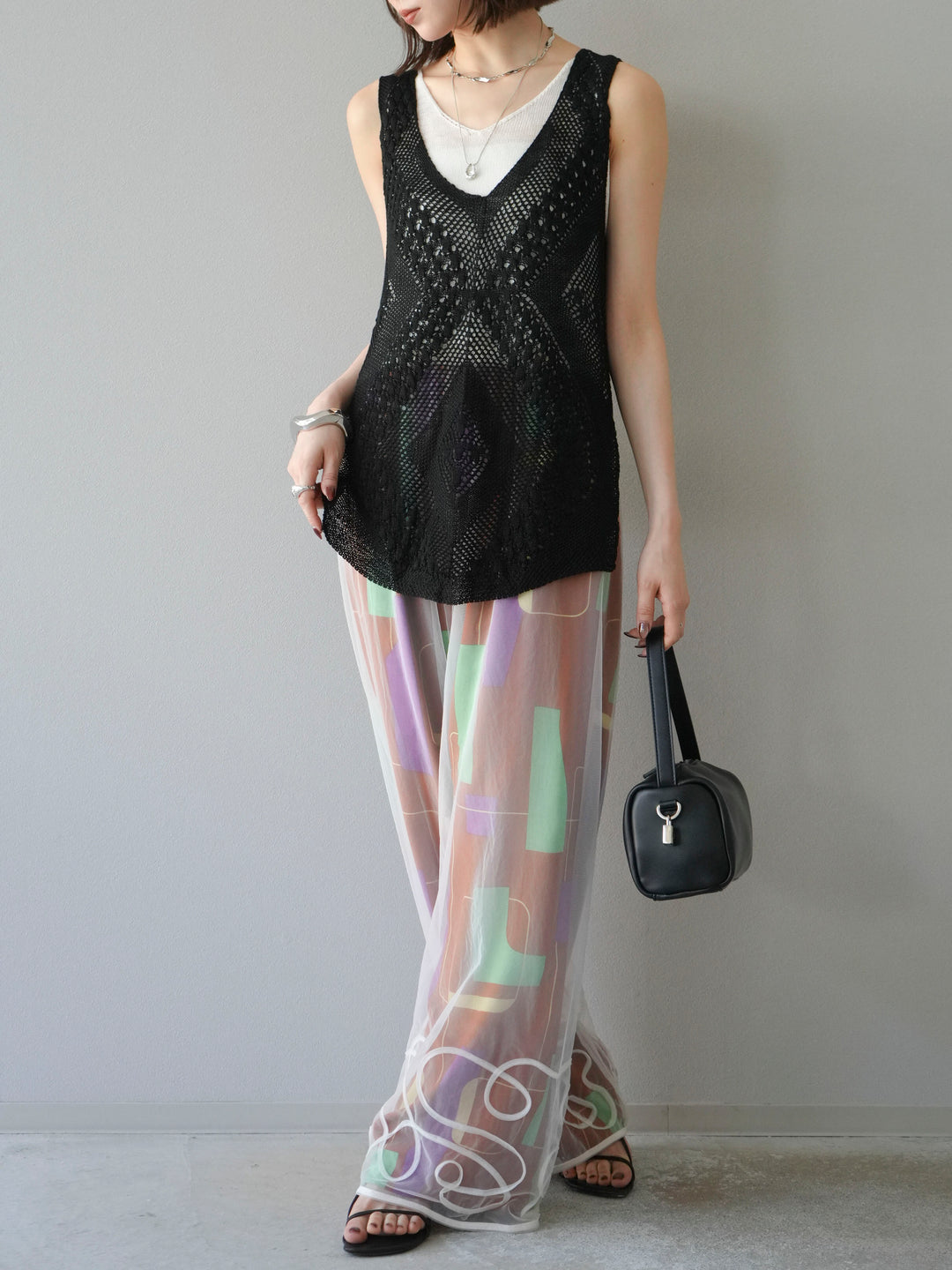 [予約]レーヨンフレックススラブレトロ柄ストレートパンツ/ブラウン