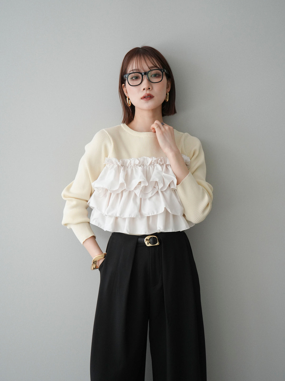 [SET]フリルビスチェドッキングスポンジニットプルオーバー+ベルトループデザインワイドパンツ(2set)