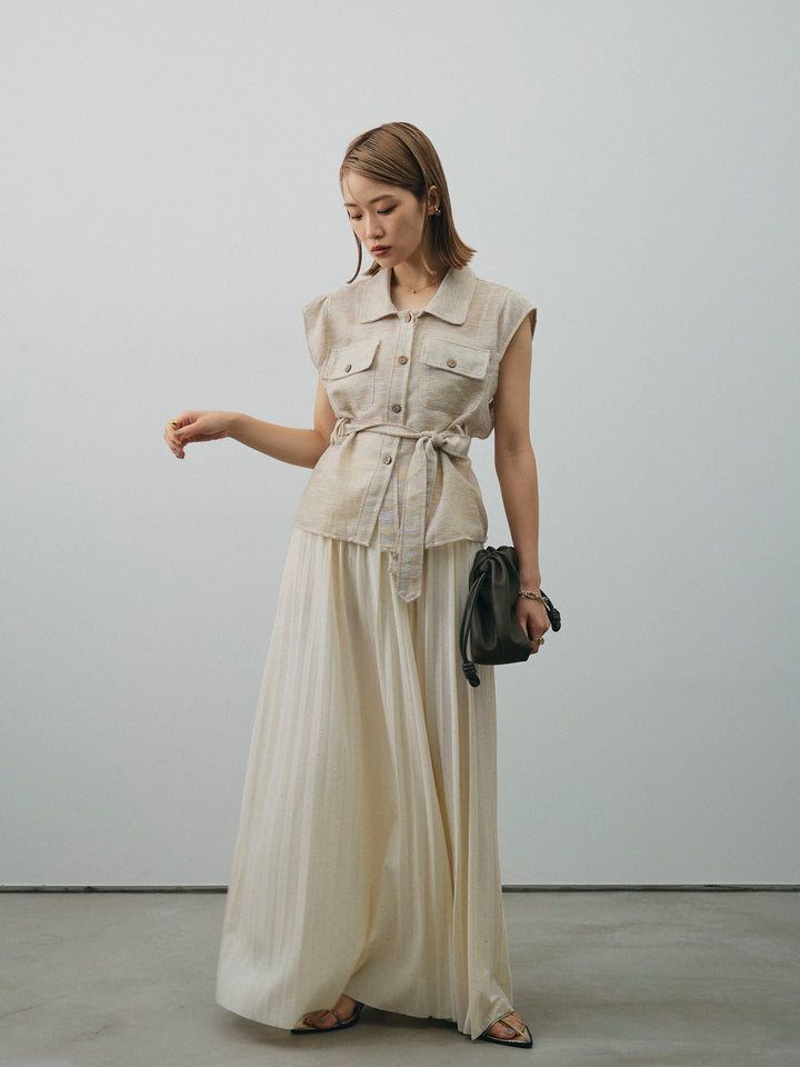 [SET]ミックスヤーンメッシュブラウス+ラインストーンプリーツスカート(2set)