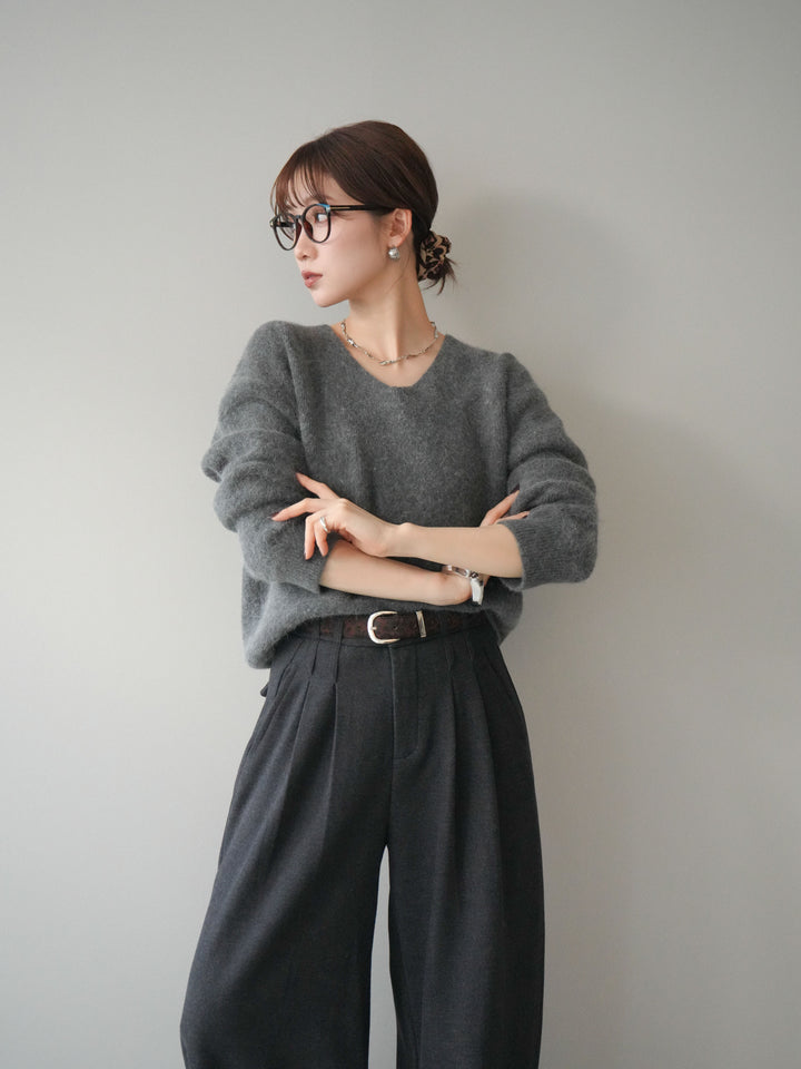 [SET]シュシュ付きアンゴラタッチVネックニットプルオーバー+選べるアクセセット(2set)