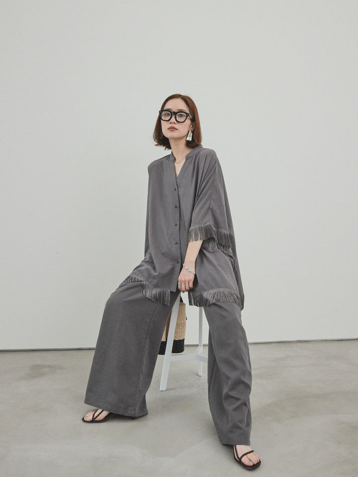 [SET] 方形流蘇斗篷襯衫 + 亞麻觸感褶皺寬褲 (2 件套)