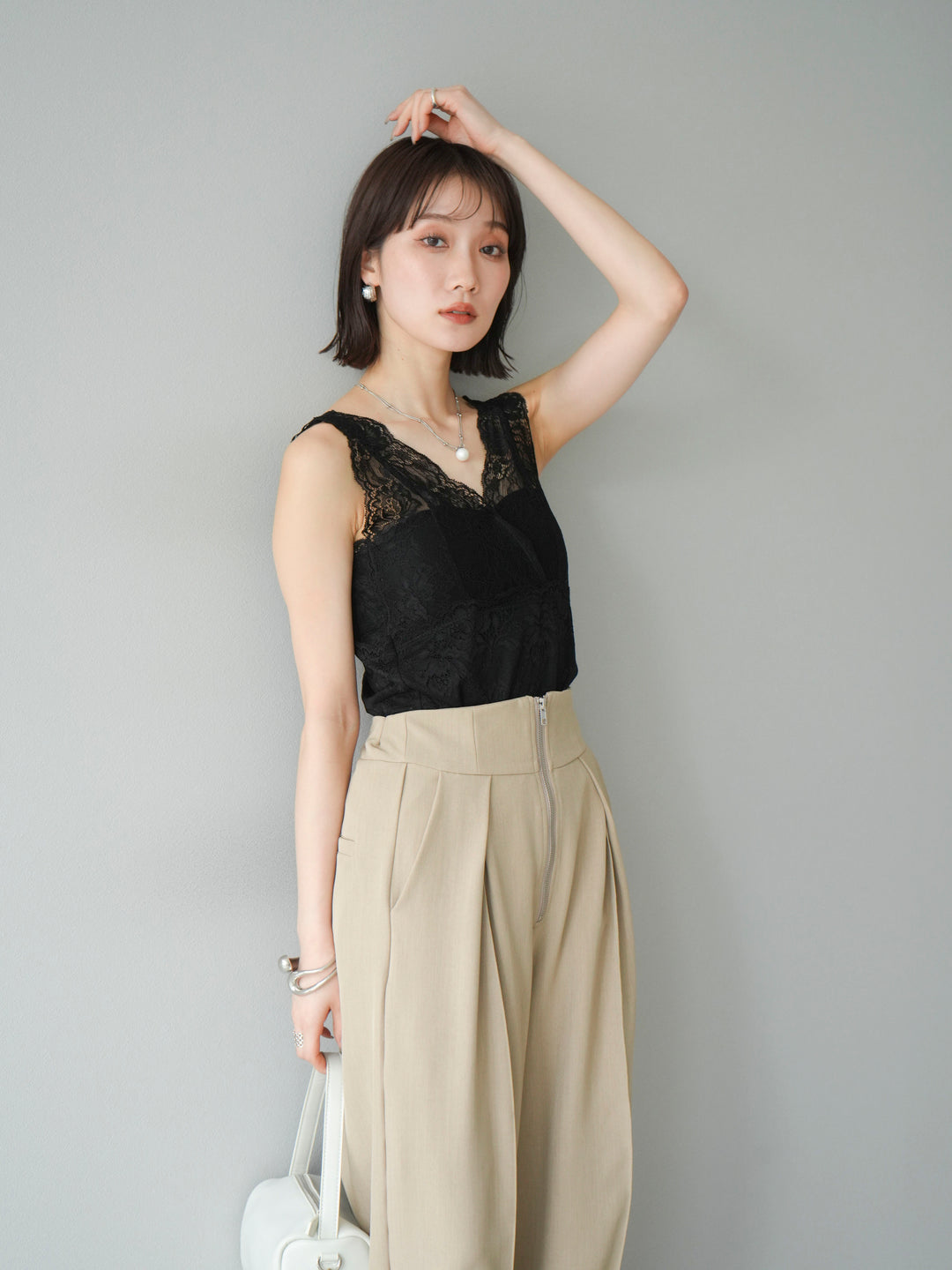 [予約]カップ付レースタンクトップ/ ブラック