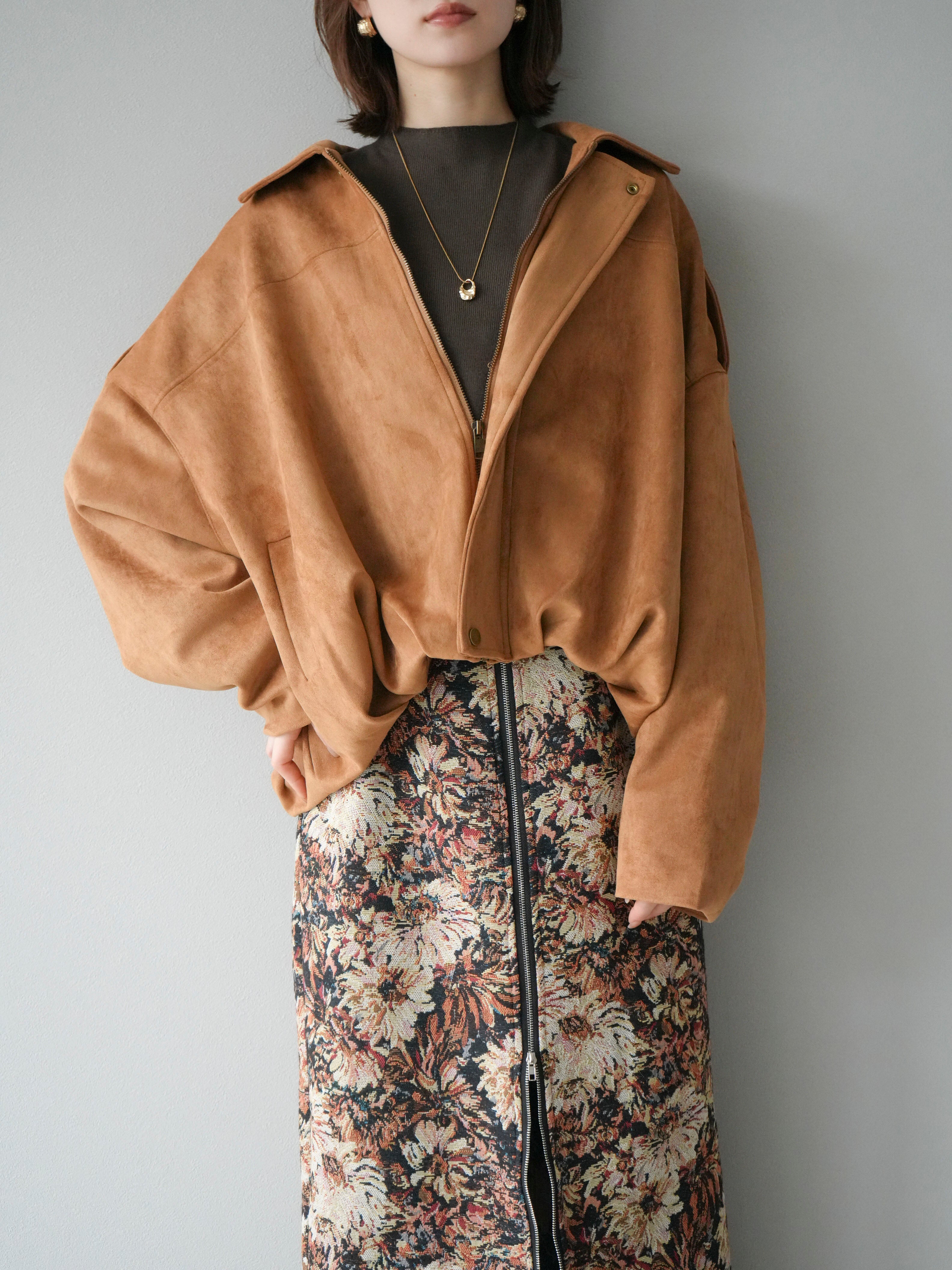 SET]スウェードオーバーブルゾン+プチネックフレンチニットトップス