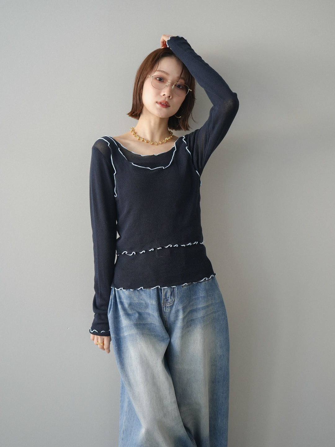 [SET]バイカラーメローアンサンブルシアーニットトップス+フロントポケットサイドタックワイドデニム(2set)