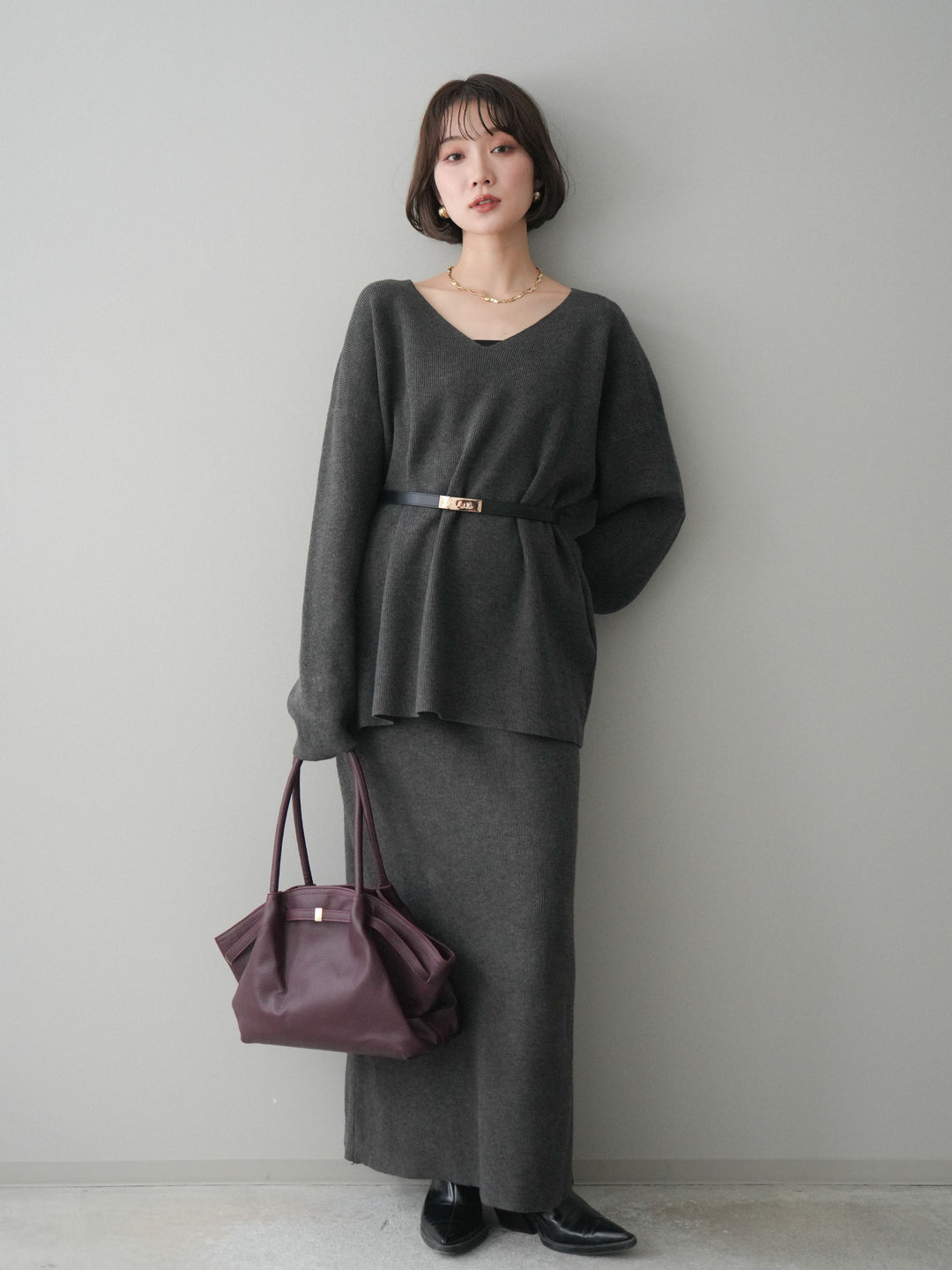 [SET]ベルト付Vネックニット＆スカートSET UP+ベルト付Vネックニット＆スカートSET UP(2set)