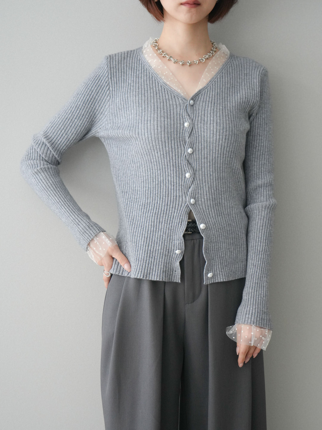 [SET]チュールドッキングパールボタンニットカーディガン+選べるアクセセット(2set)