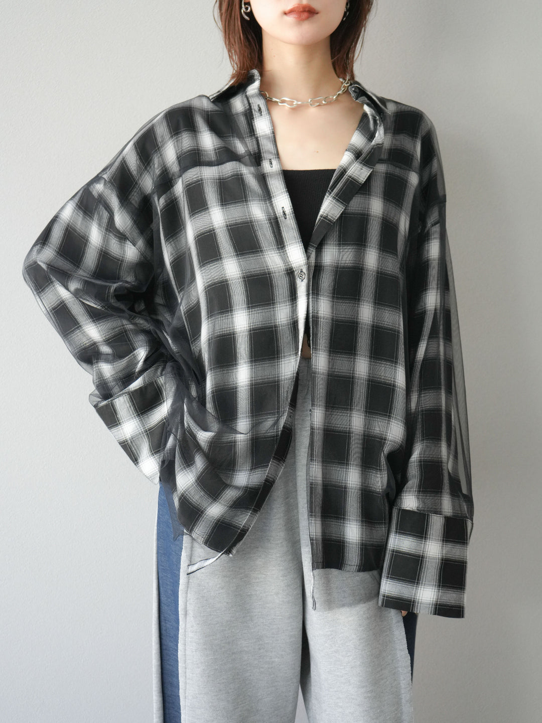 [套裝] 薄紗對接格紋寬鬆襯衫 + 牛仔布 Switch 2-Way 設計運動褲 (2 套)