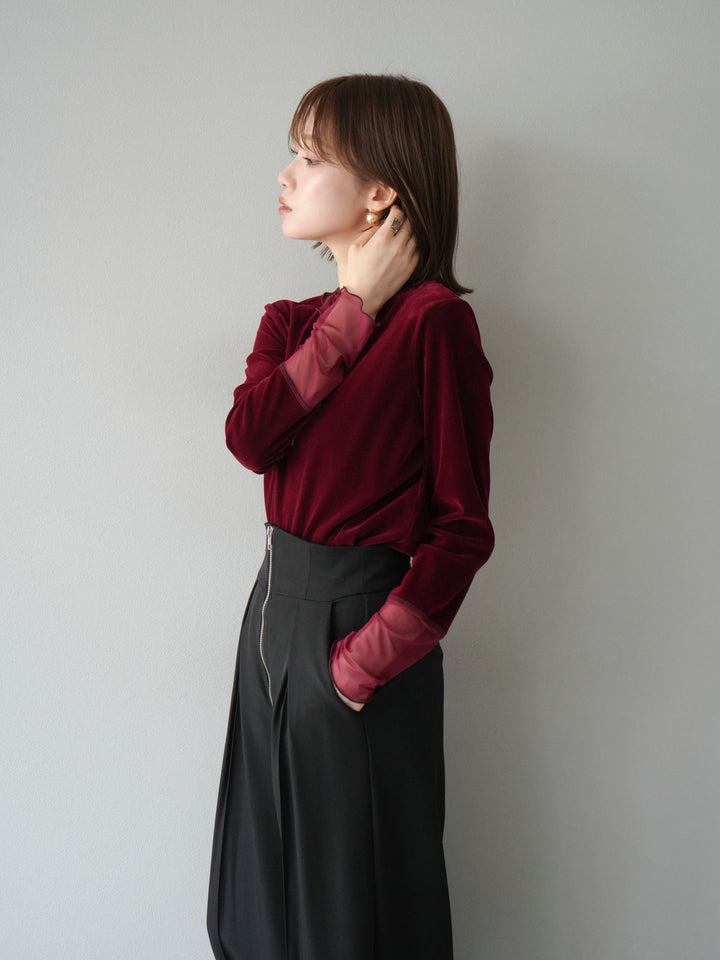 [預購] 薄紗天鵝絨上衣/酒紅色