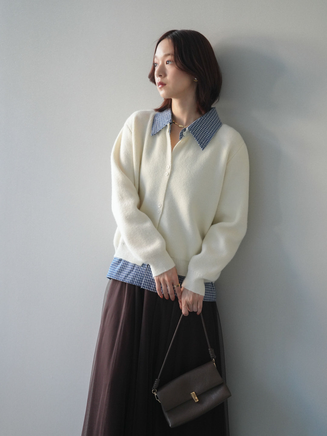 [SET]チェックシャツ襟ニットカーディガン+チュールボリュームスカート(2set)