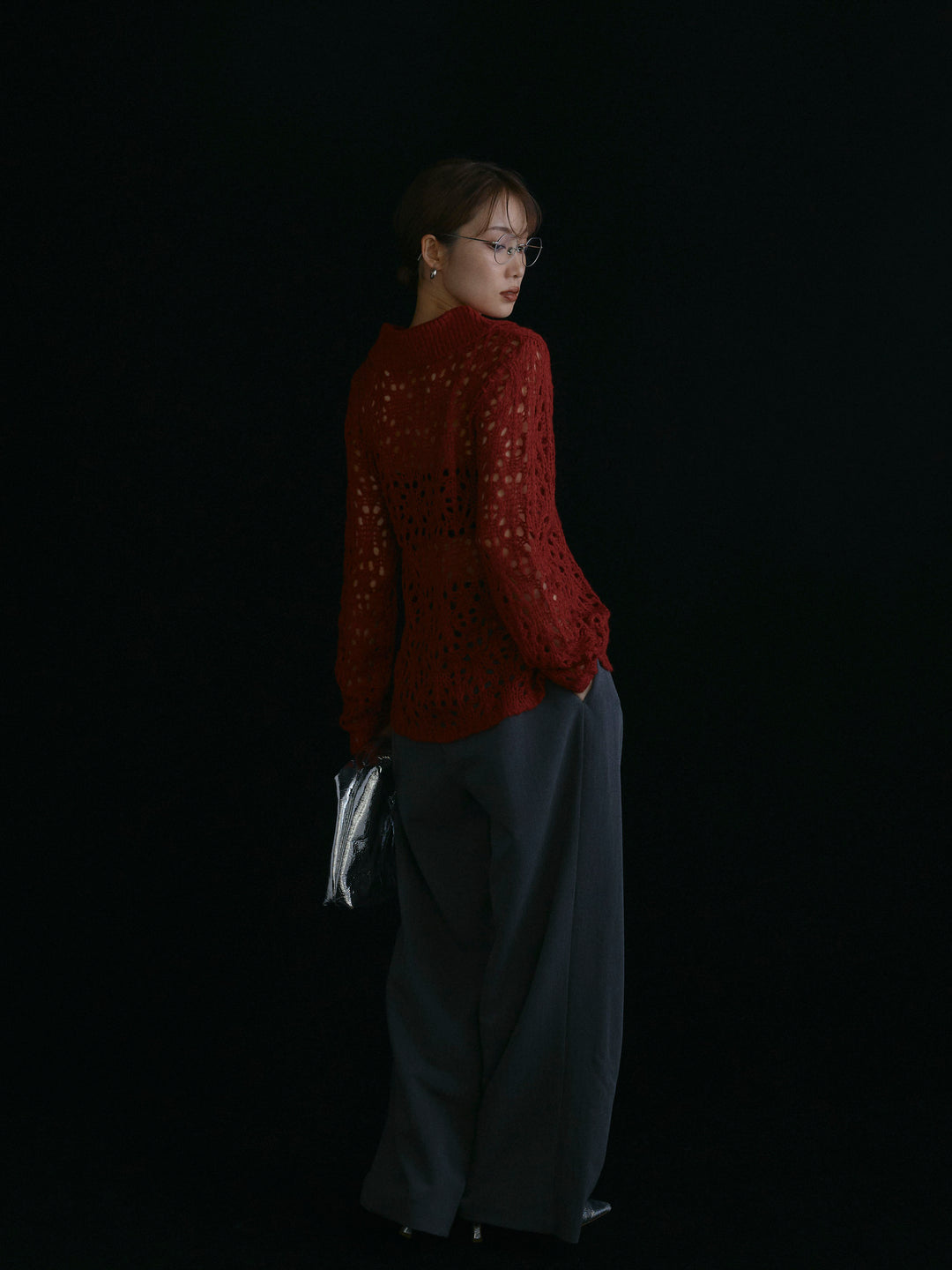 【Allure】[SET]ローゲージ透かし編みポロニッカーディガン+ラップデザインタックワイドパンツ(2set)