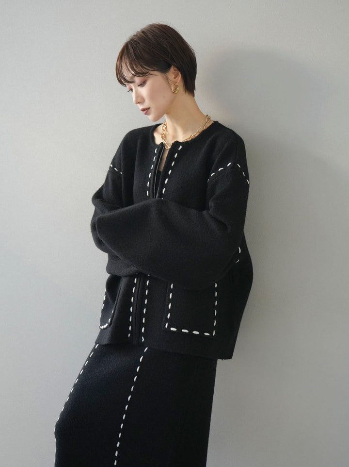 【預訂】Stitch刺繡拉鍊針織開襟衫/黑色