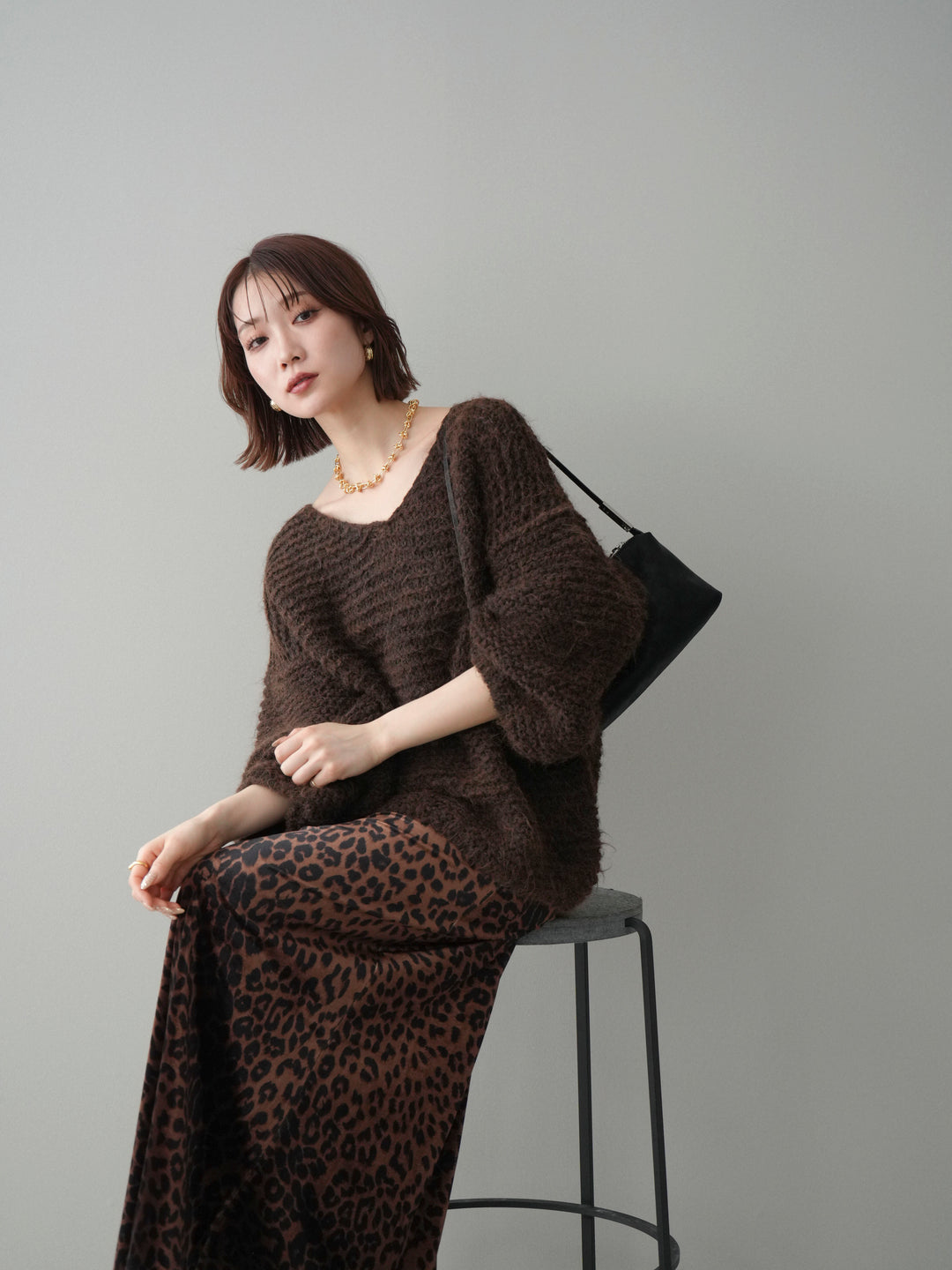 [予約]ワッフル編みシャギーニットプルオーバー/brown