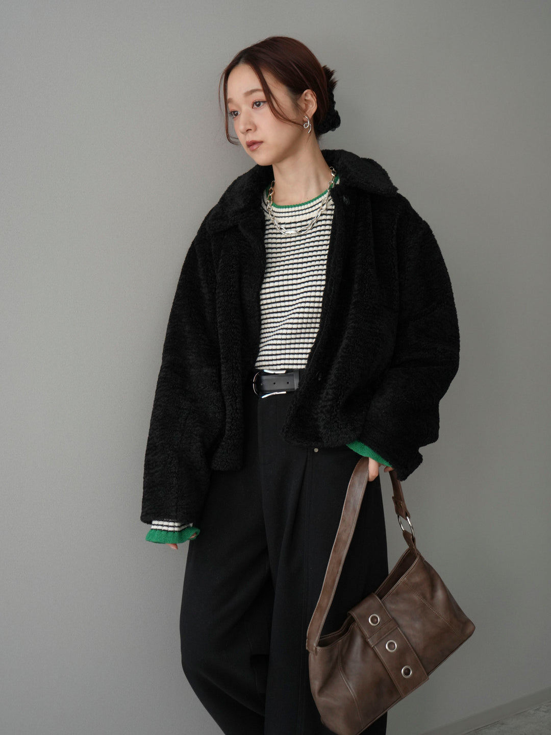 [SET]エコファーステンカラージャケット+ラメ異素材ボーダーリブニットプルオーバー(2set)