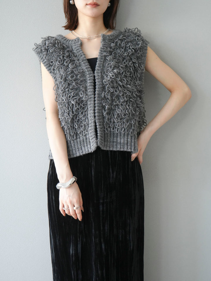 [SET]レザー襟オンブレチェックオーバーシャツ +ループデザインホックベスト +クラッシュベロアナロースカート(3set)