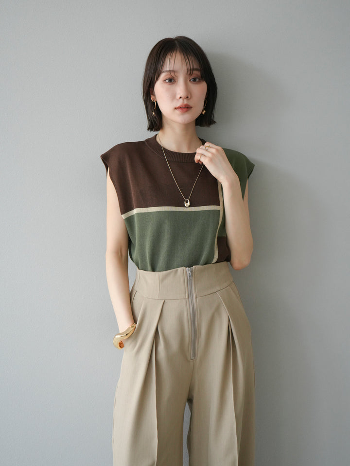 [予約]配色ノースリーブニットプルオーバー/ブラウン