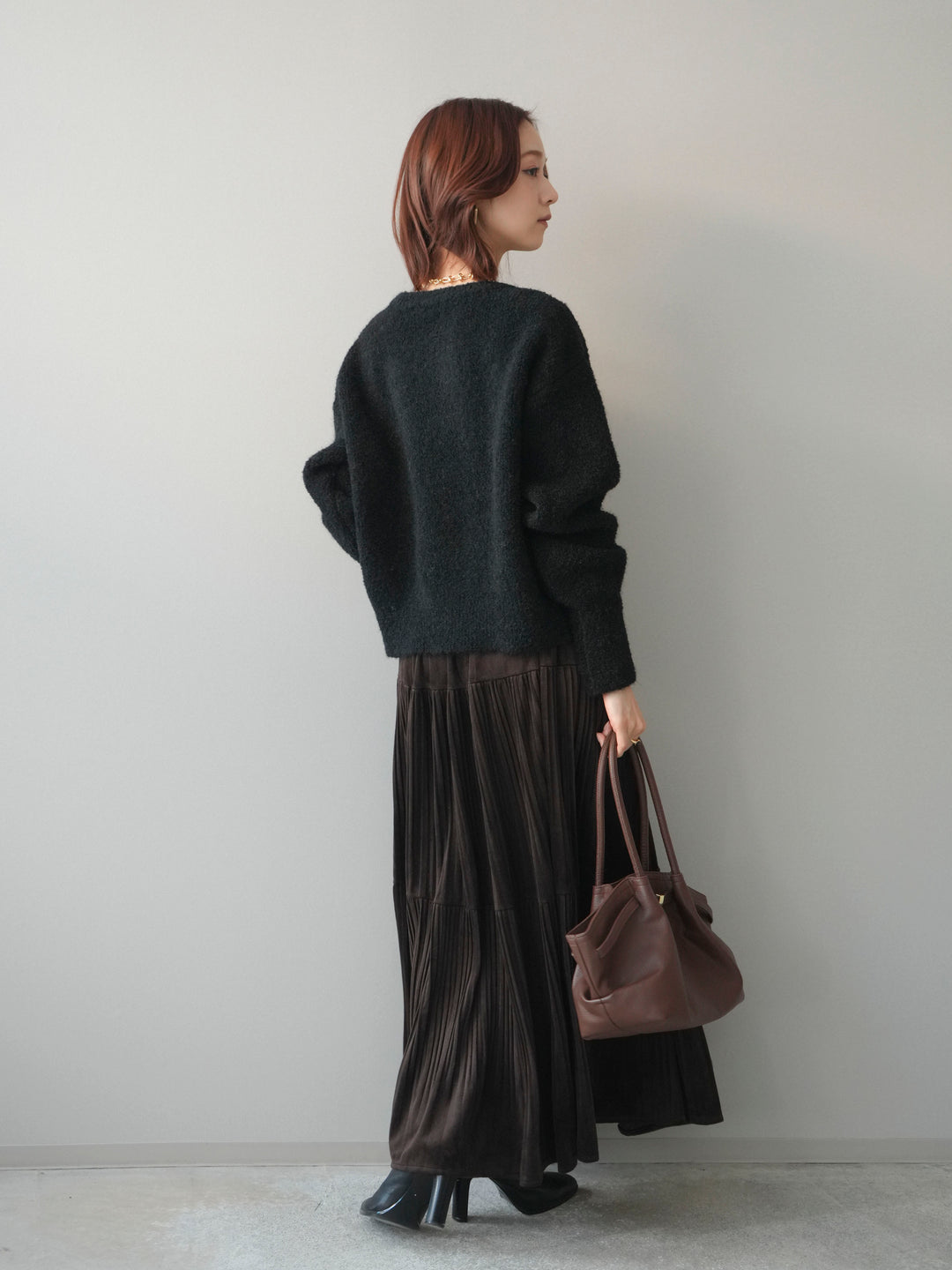 [SET]テープ刺繍ホック開きブークレニットカーディガン+ベロアティアードワッシャースカート(2set)