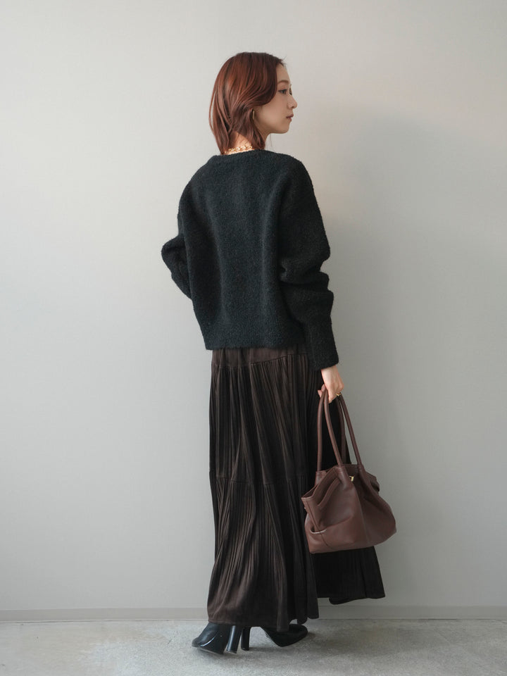 [SET]テープ刺繍ホック開きブークレニットカーディガン+ベロアティアードワッシャースカート(2set)