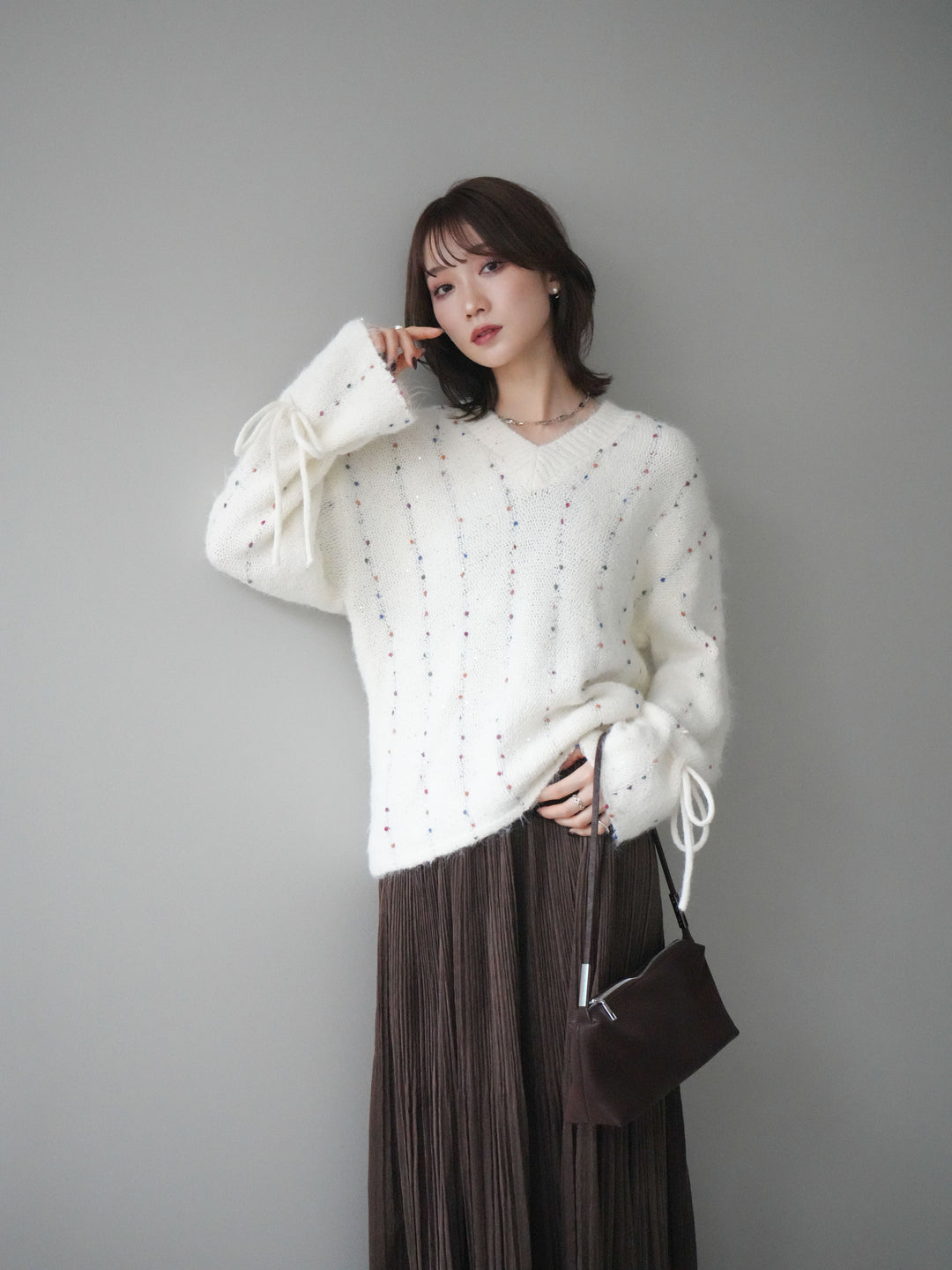 [予約]キャンディースリーブカラーネップスパンコールニットプルオーバー/white