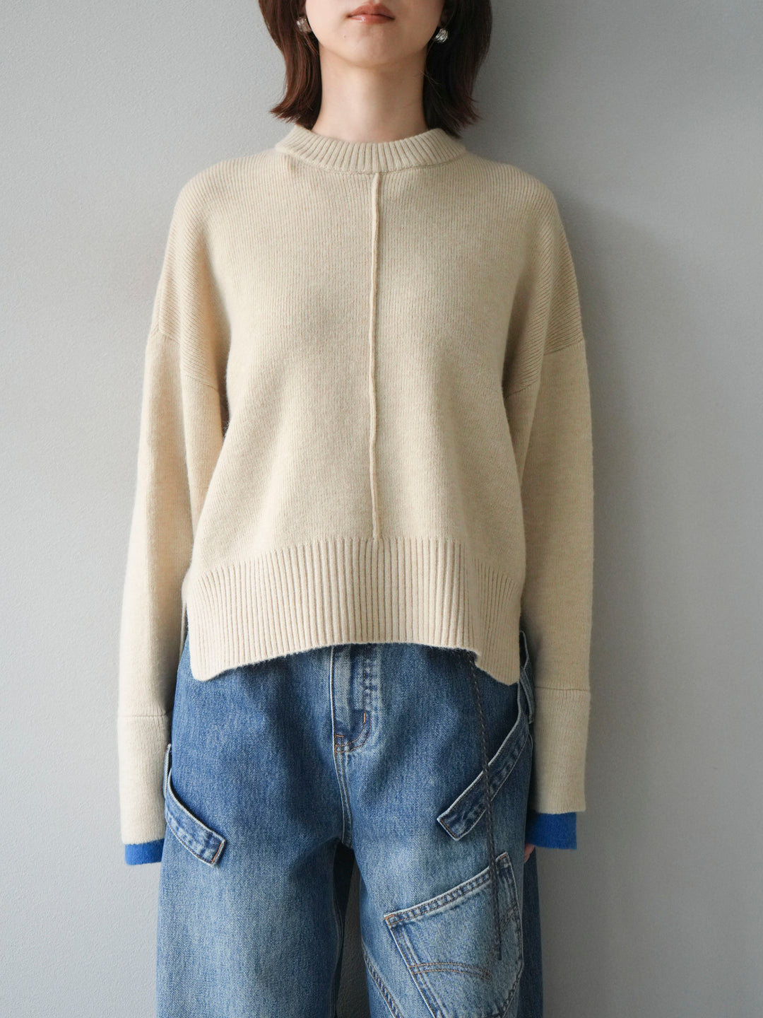 [予約]袖レイヤード配色ニットプルオーバー/ivory