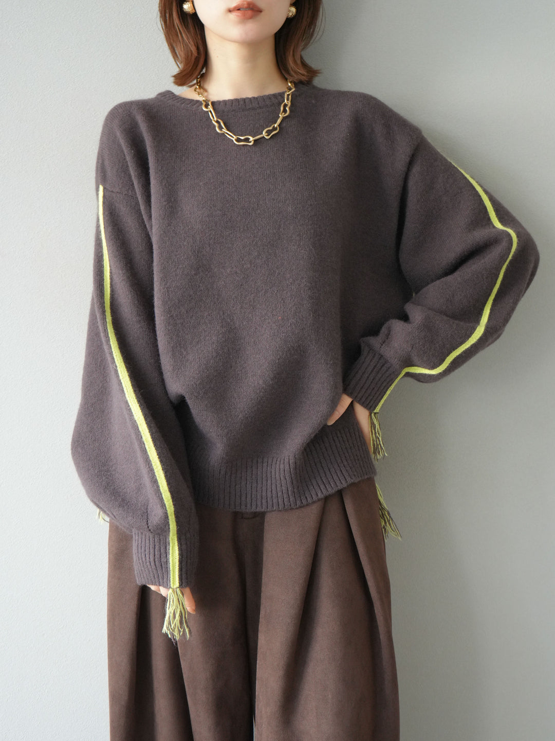 [SET]配色ステッチフリンジニットプルオーバー +スウェードタックワイドパンツ(2set)
