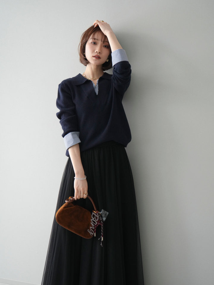 [予約]シャツレイヤードスキッパーニットプルオーバー/navy