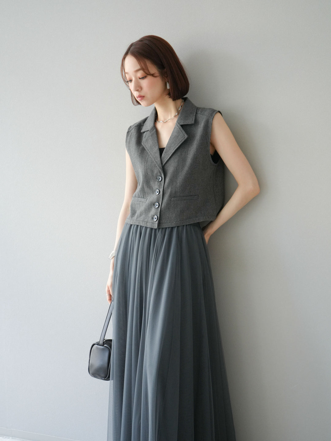 [予約]ツイードタッチテーラードジレ/ダークグレー