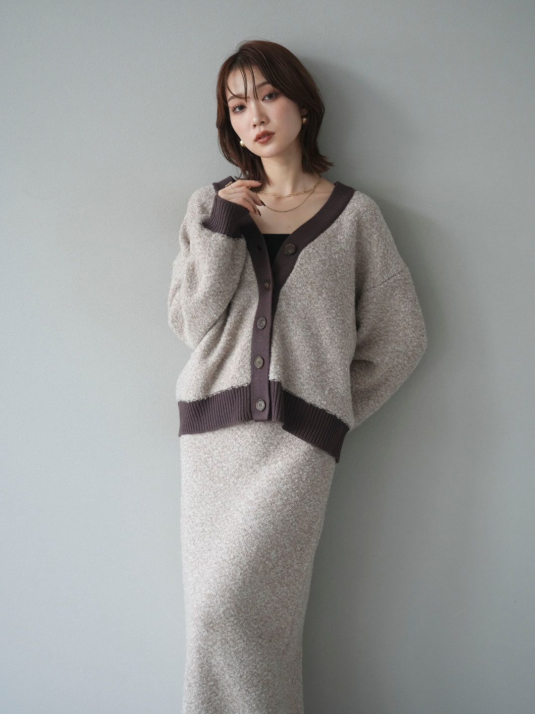 [予約]ブークレバイカラーニットカーディガン/beige