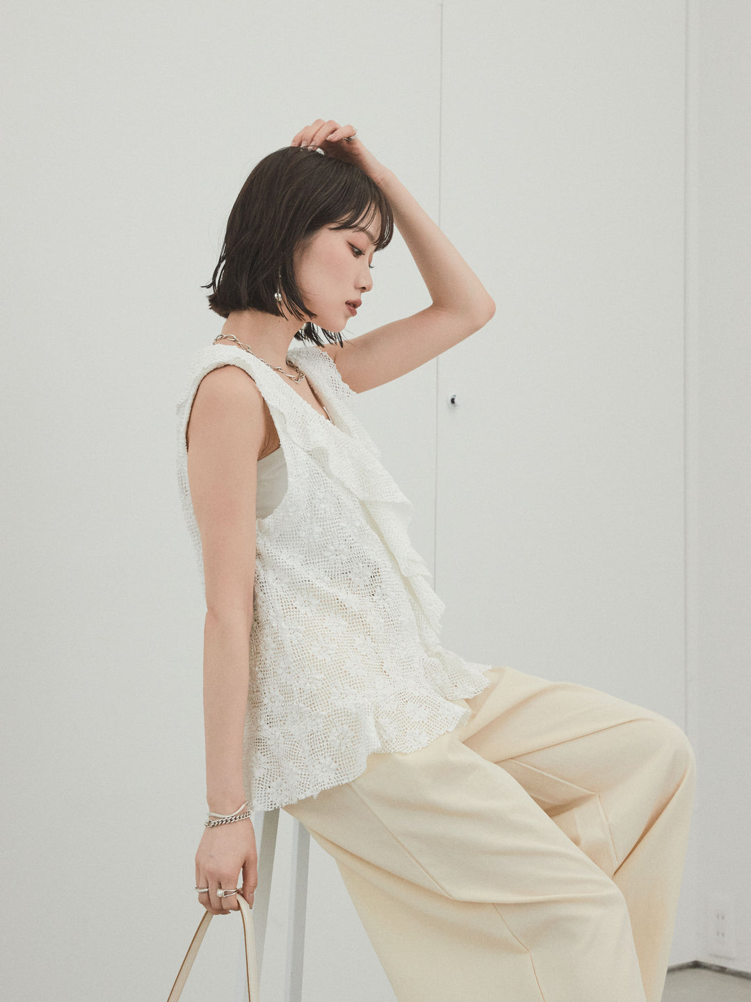 [SET]テープヤーンラッフルノースリトップス+リネンタッチタックワイドパンツ (2set)