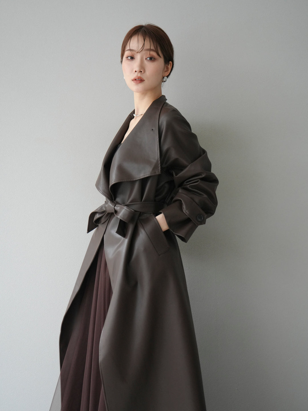 [予約]BIGカラーレザーロングコート/ブラウン