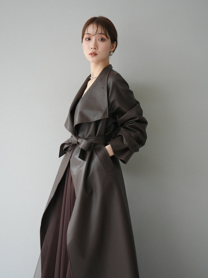 [予約]BIGカラーレザーロングコート/ブラウン