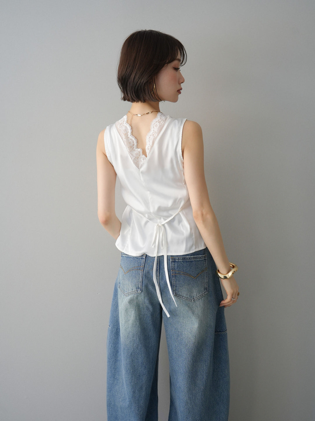 [予約]ノースリサテンレースキャミソール/white