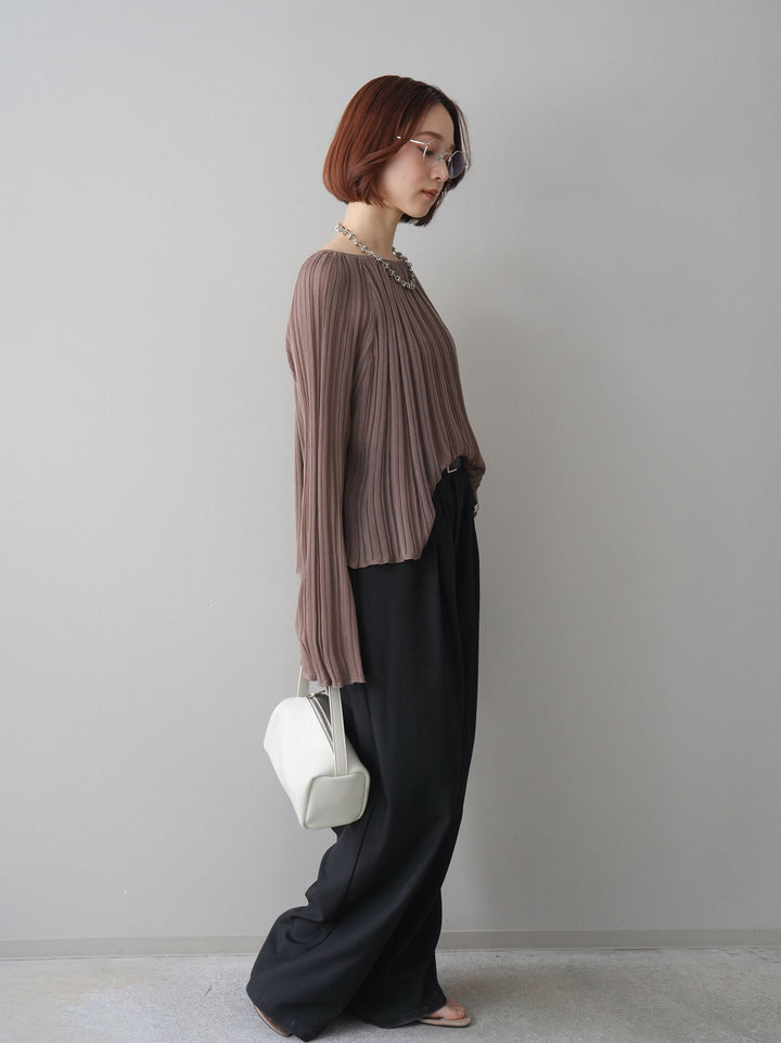 [SET]プリーツシアーフレアスリーブニットトップス+ベルト付キーホルダーモチーフワイドパンツ(2set)