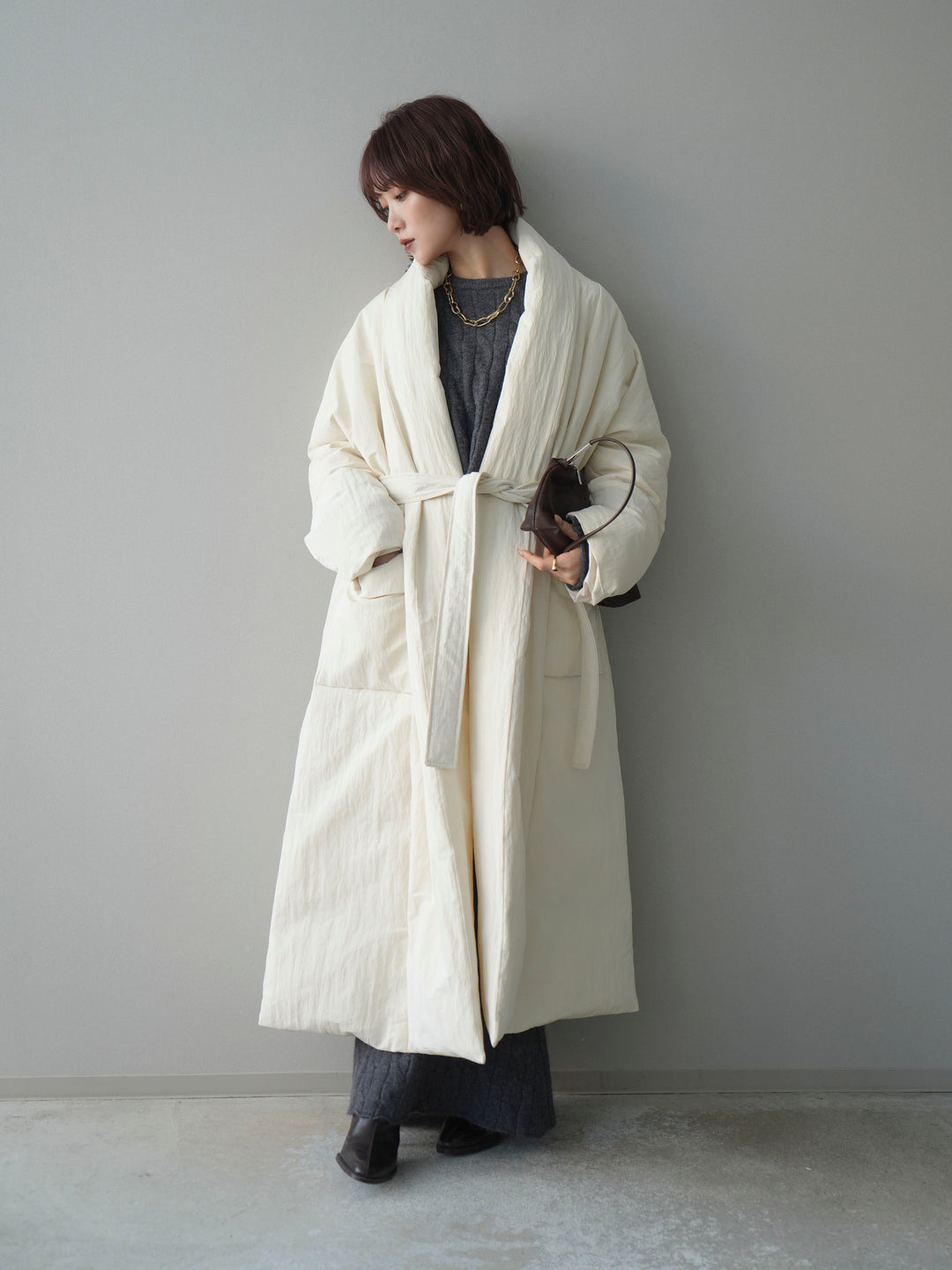 [SET]ストール付ケーブルニットプルオーバー&ロングスカートSET UP+ロングダウンコート(2set)