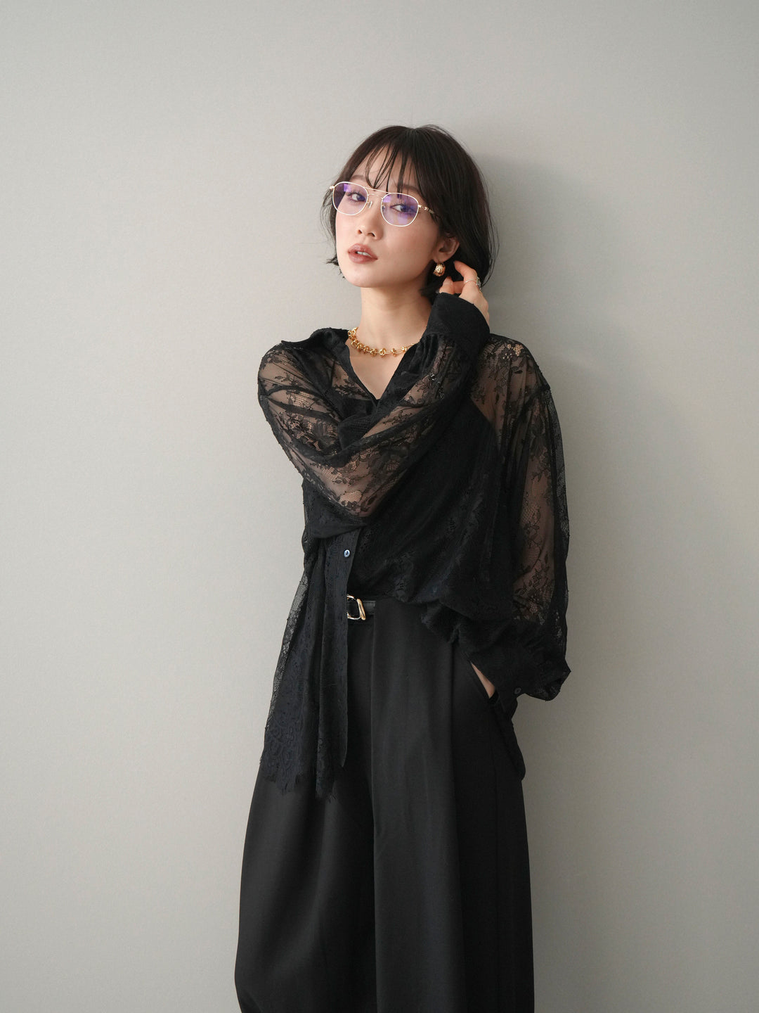 [SET]総レースボリュームスリーブシャツ+選べるアクセセット(2set)