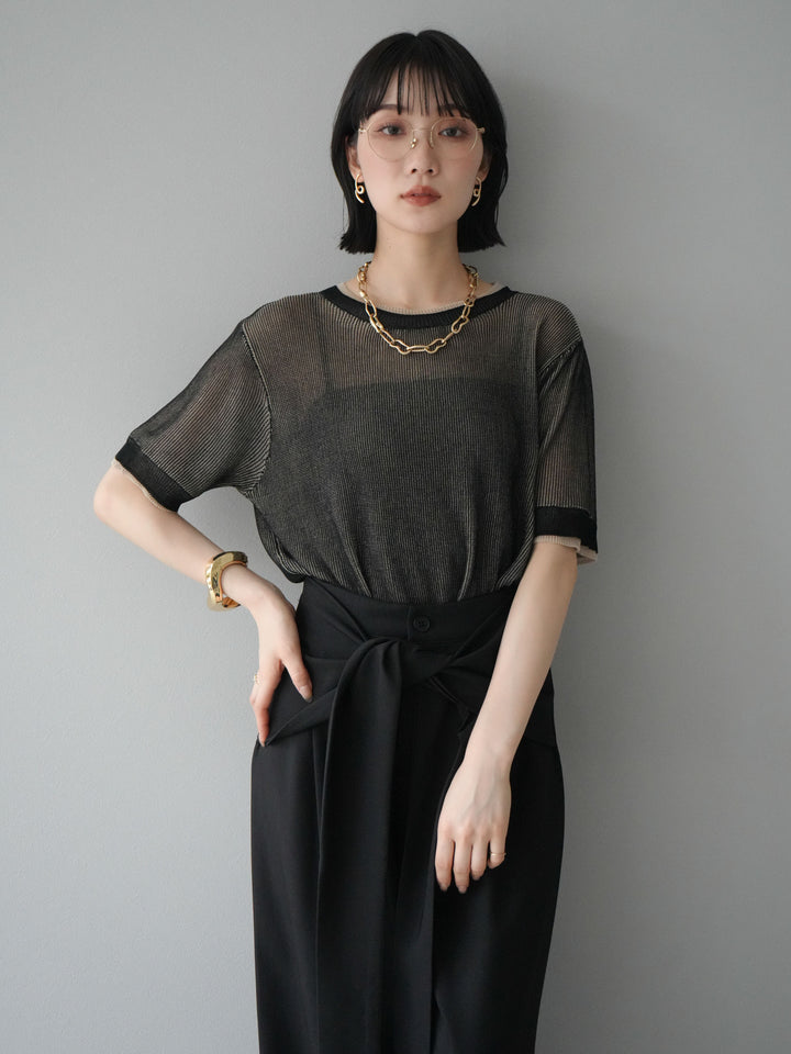 [SET]リネンタッチ配色二重臼ハーフニットトップス+ウエスト巻きデザインワイドパンツ(2set)