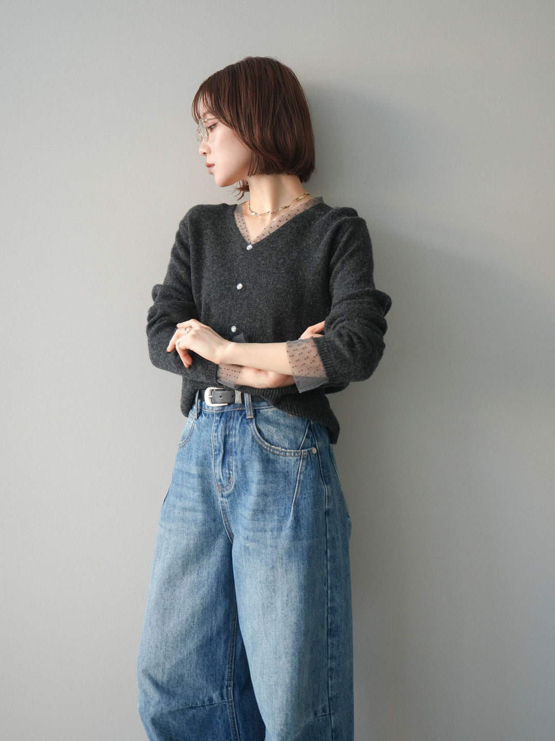 [SET]ドットチュールレイヤードボタンニットトップス+選べるアクセセット(2set)