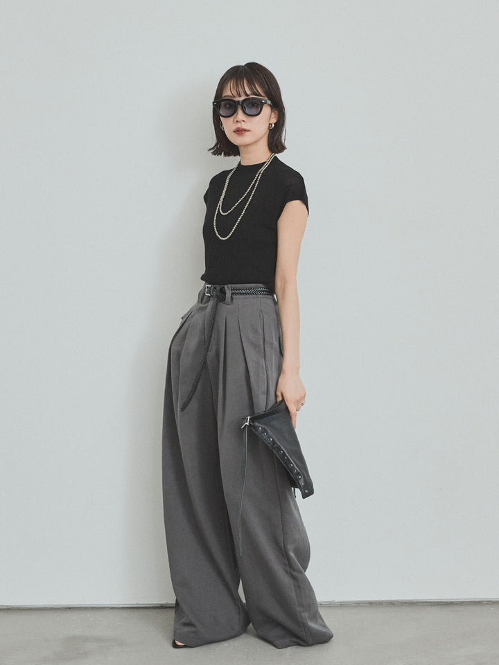 【預購】亞麻觸感褶皺寬褲/炭灰色