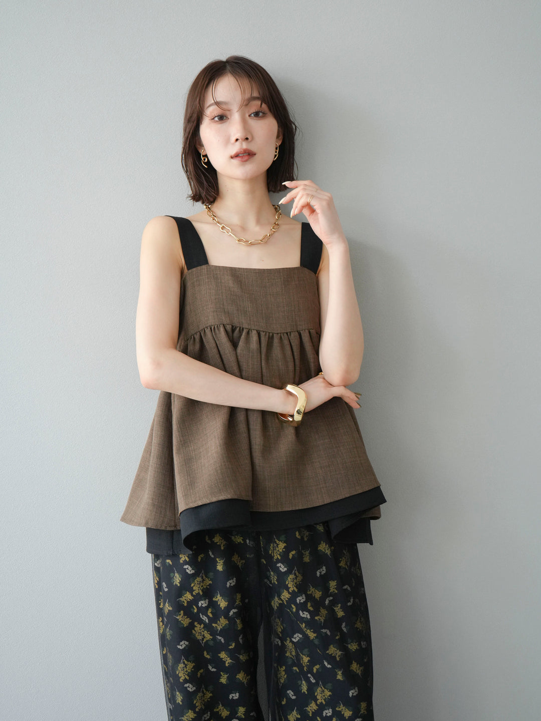 [SET]リネンライク配色フレアタンクトップ+ブーケプリントタックパンツ(2set)
