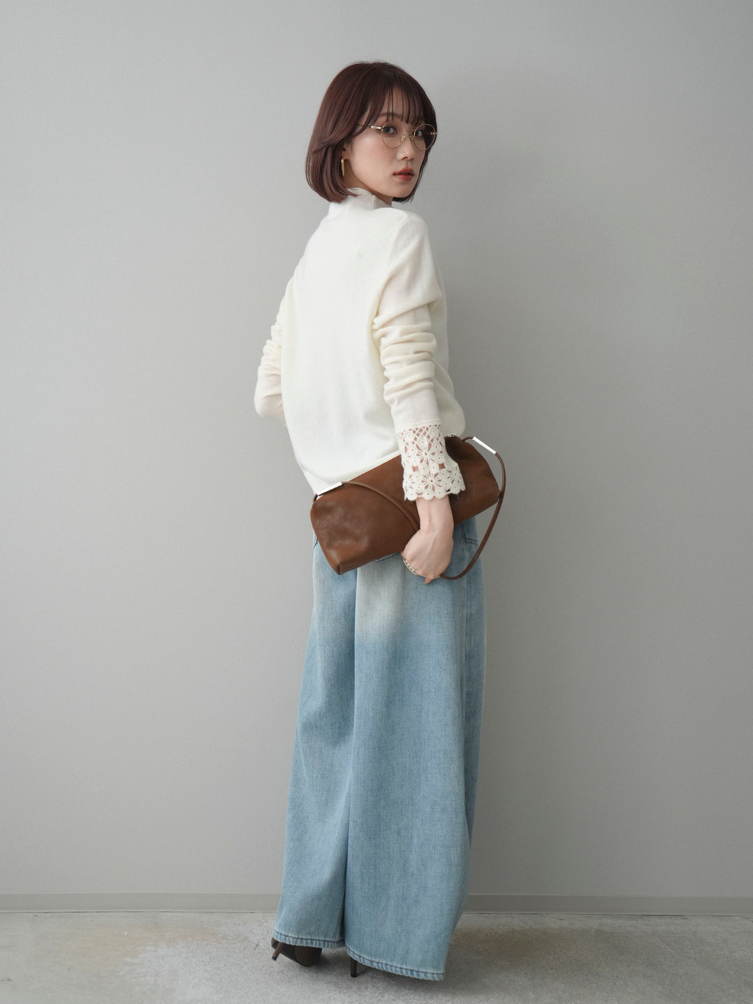 [SET]袖スカラップレースフロントボタンウールニットトップス+ベルト付裏起毛カーブデニムパンツ(2set)