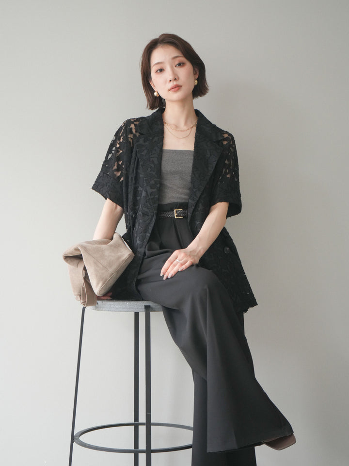 【套裝】花朵蕾絲短袖外套+垂褶收腰帶環長褲（兩件套）