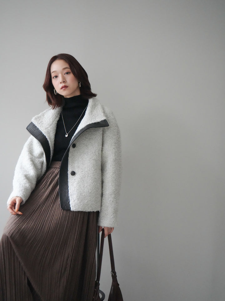 [SET]レザー切替ブークレブルゾン+袖ボタンボトルネックリブニットトップス+裾レーススウェードプリーツマキシスカート(3set)