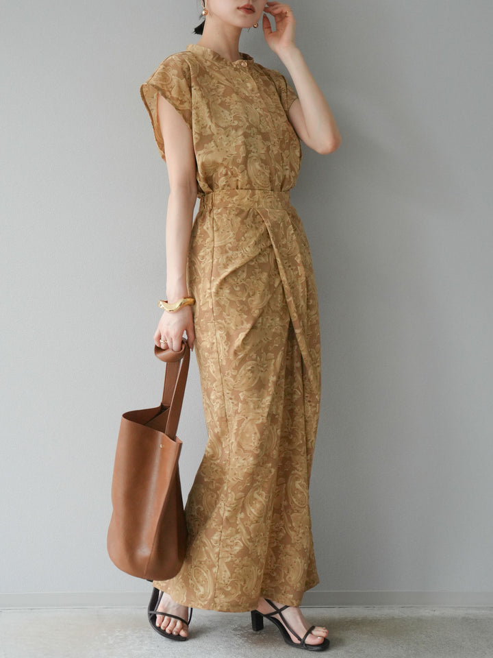 [SET]ペイズリープリントゴールドボタンブラウス+ペイズリープリントタックIラインスカート(2set)