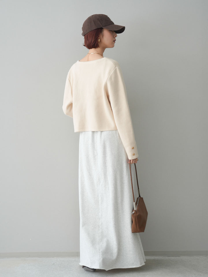 [SET]ゴールドボタンノーカラーニットジャケット+スウェットフレアロングスカート(2set)