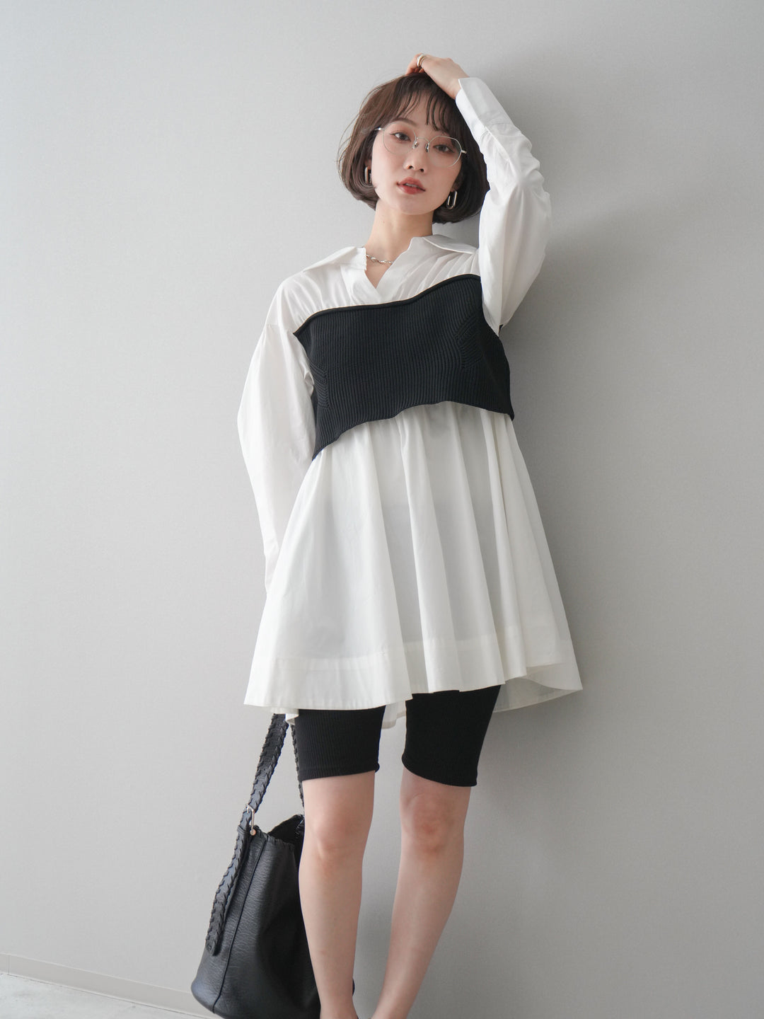 [予約]ニットビスチェドッキングフレアシャツチュニック/offwhite