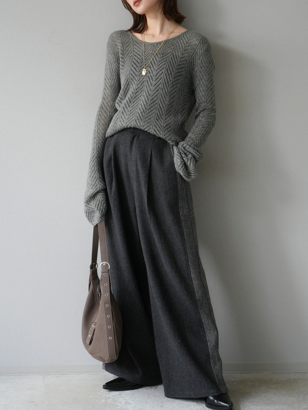 [予約]透かし編みニットトップス/グレー