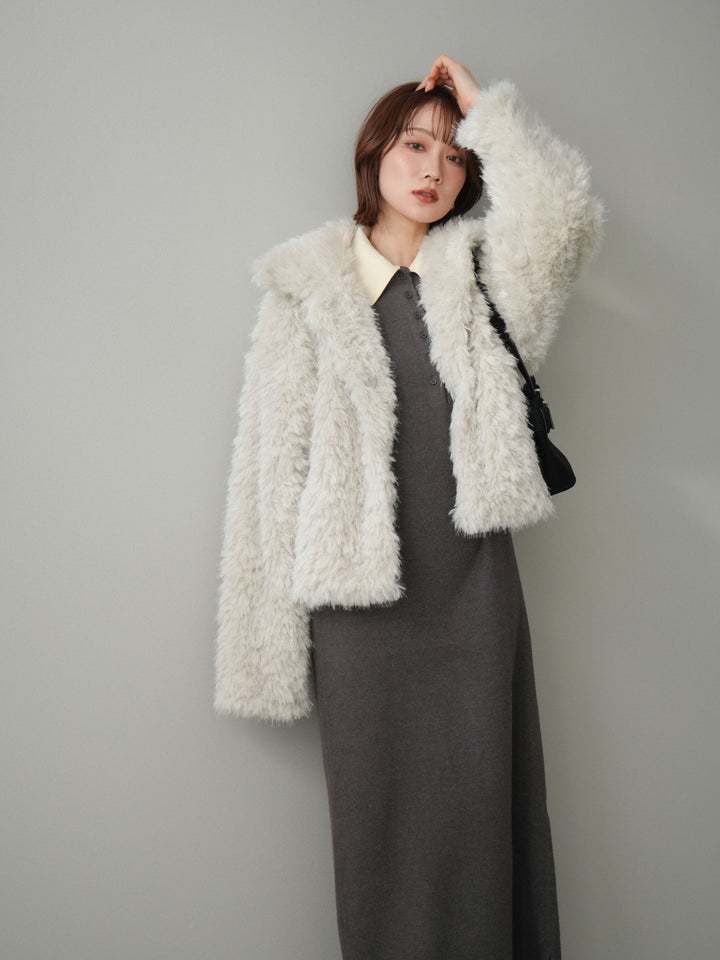 [SET]配色ポロニットワンピース+フェイクファー襟付きショートブルゾン(2set)