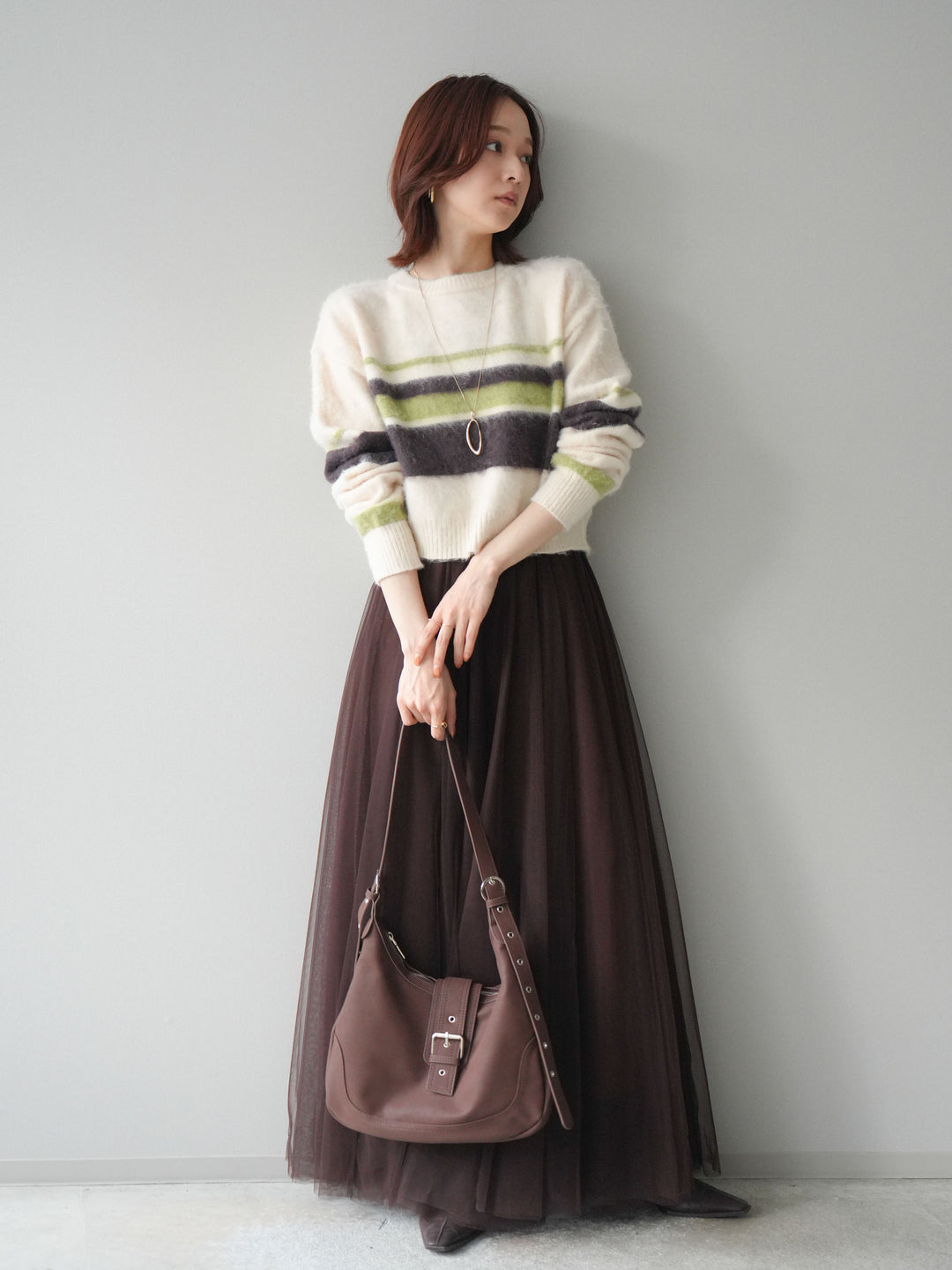 [SET]ソフトタッチボーダークロップドニットプルオーバー+チュールボリュームスカート(2set)