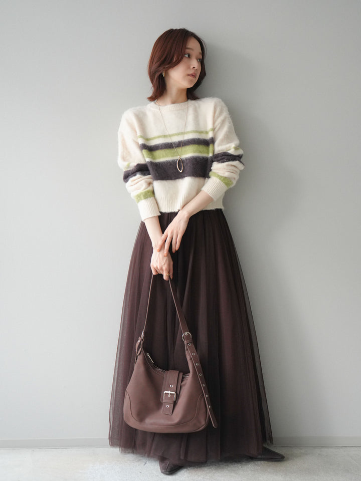 [SET]ソフトタッチボーダークロップドニットプルオーバー+チュールボリュームスカート(2set)