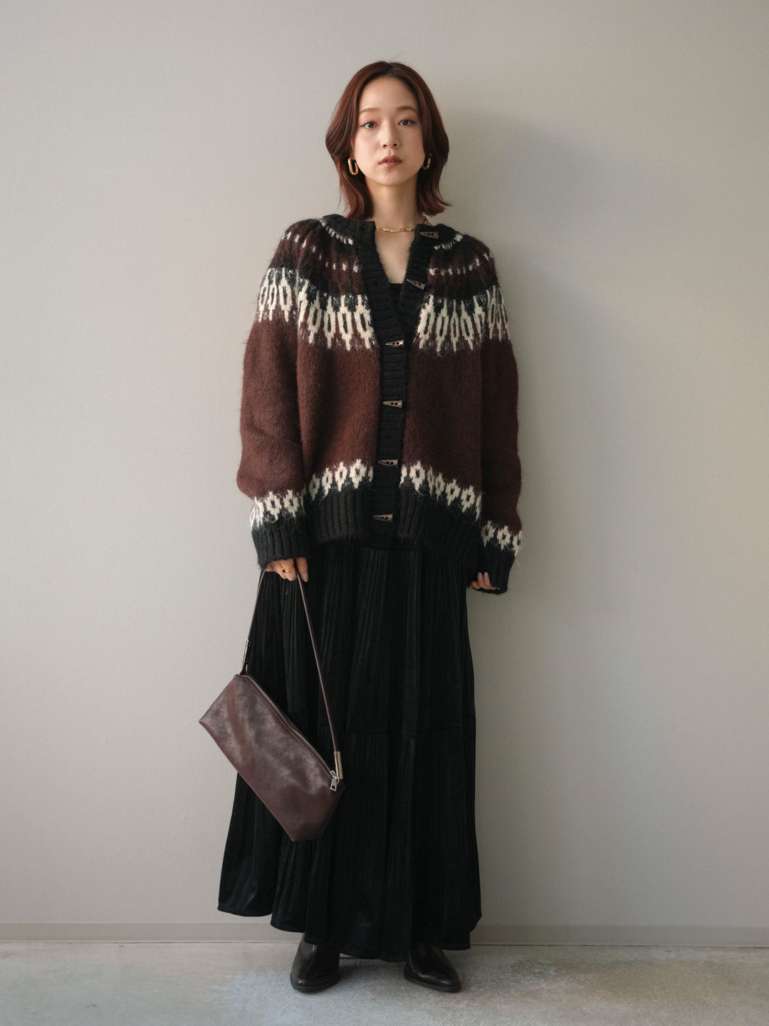 [予約]トグルボタン求心柄ニットカーディガン/brown
